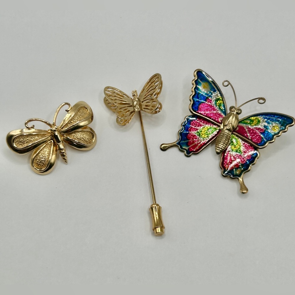 3 Lot Vintage Butterfly Brooch Set Gold Blue Pink Green Yellow​ - Picture 8 of 13